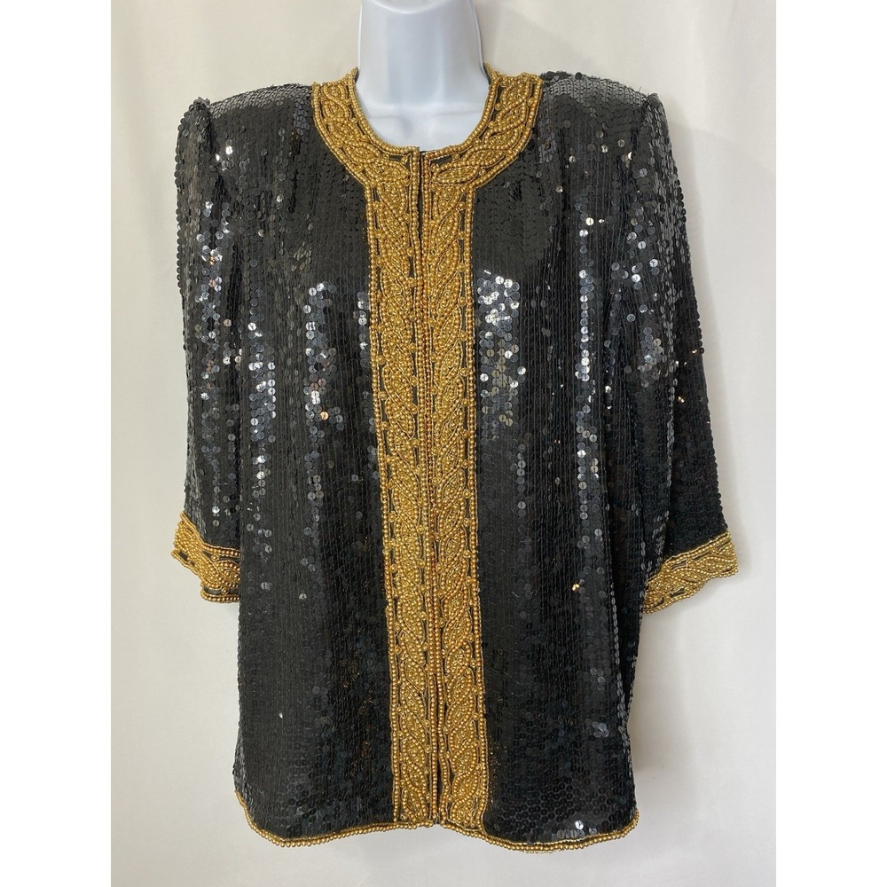 Vintage Night Vogue Blouse Shirt Womens Size Large 100% Silk Sequin Gala Event
